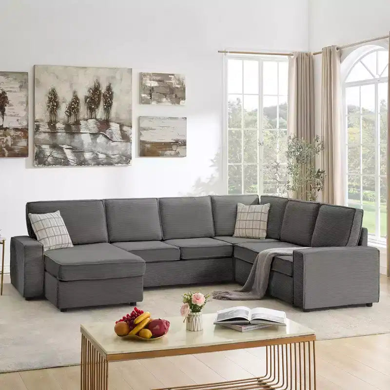 Canapé modulable 10 places convertible en U avec méridienne, accoudoirs larges, en velours côtelé, pour salon/chambre