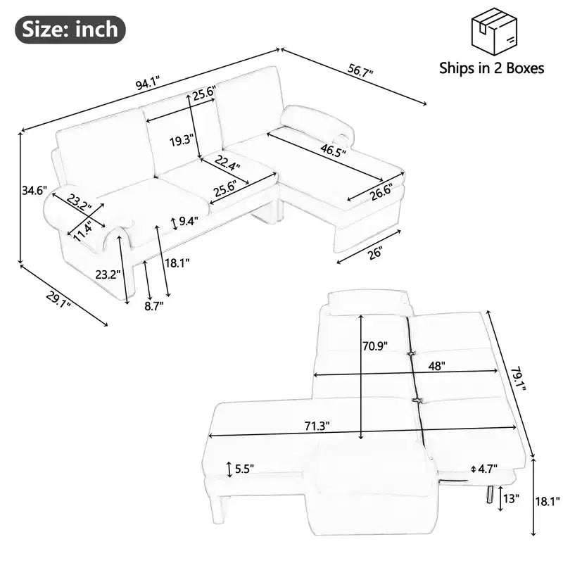 Canapé d'angle moderne 94", canapé sectionnel avec méridienne convertible, dossier réglable de 90 à 180°