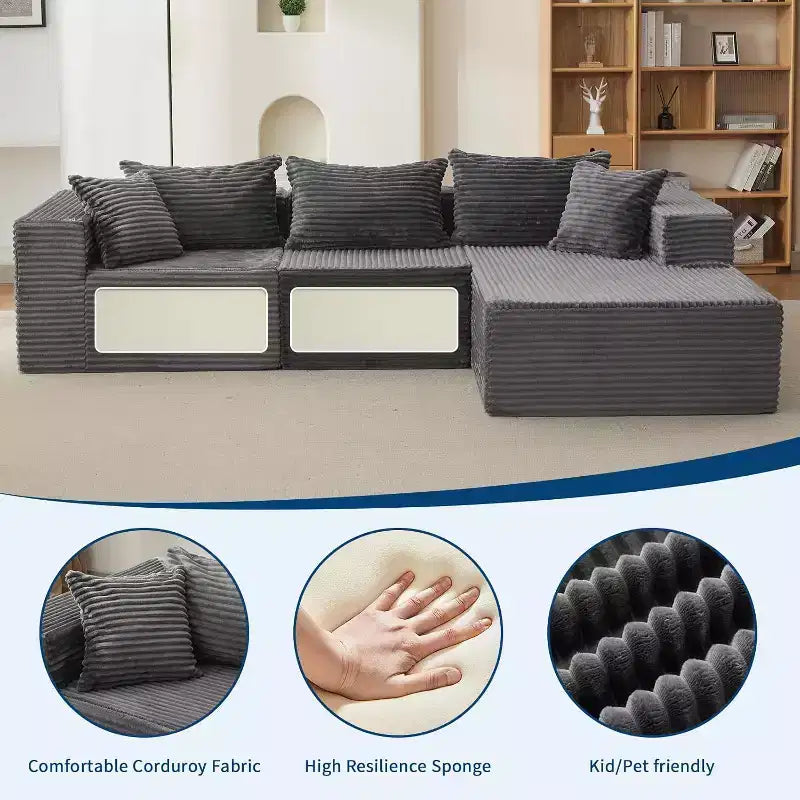 Canapé d'angle modulable Acekool Cloud de 274 cm avec méridienne, canapé moelleux sans accoudoirs en forme de L pour salon