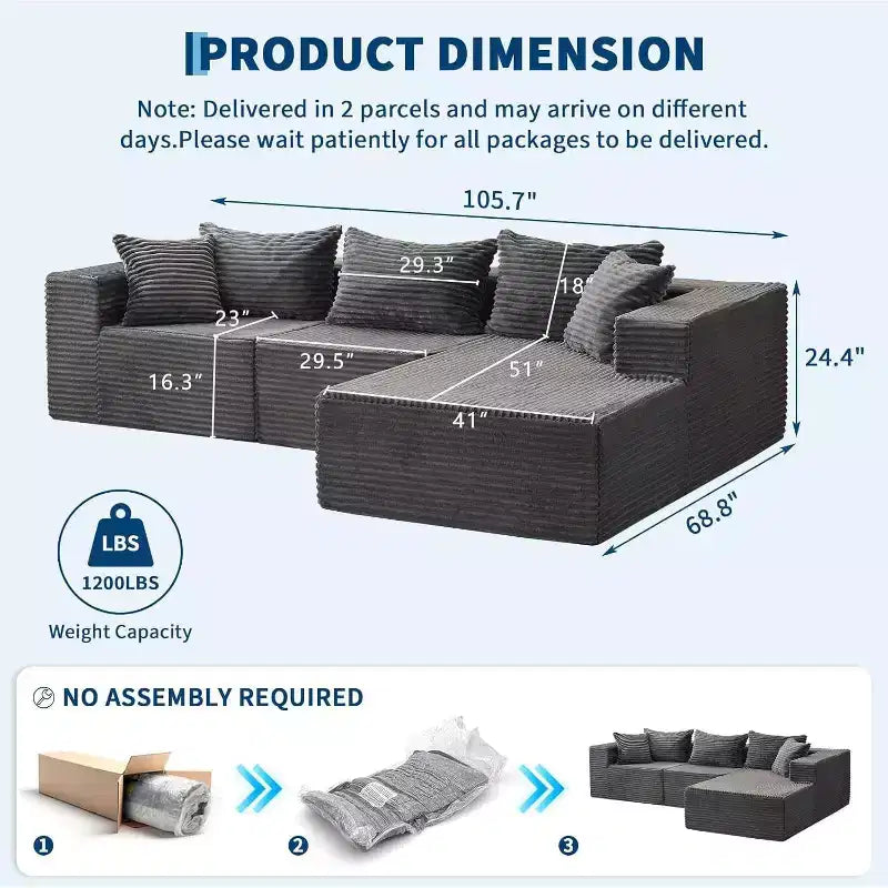 Canapé d'angle modulable Acekool Cloud de 274 cm avec méridienne, canapé moelleux sans accoudoirs en forme de L pour salon