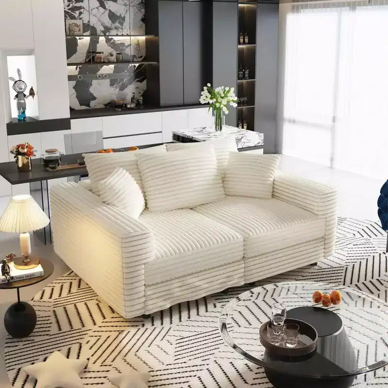 MAYEERTY Canapé 3 places en velours côtelé de 82,7 po avec oreillers doux, chaise longue convertible pour salon, beige