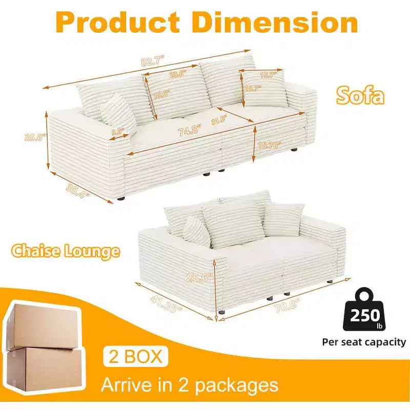 MAYEERTY Canapé 3 places en velours côtelé de 82,7 po avec oreillers doux, chaise longue convertible pour salon, beige