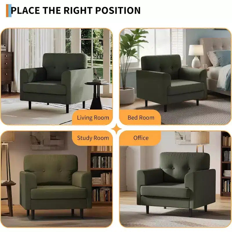 Fauteuil d'appoint large de 38 po avec accoudoirs, fauteuil de lecture et de détente en lin pour salon, chambre à coucher, bureau, coin lecture, fauteuil simple confortable