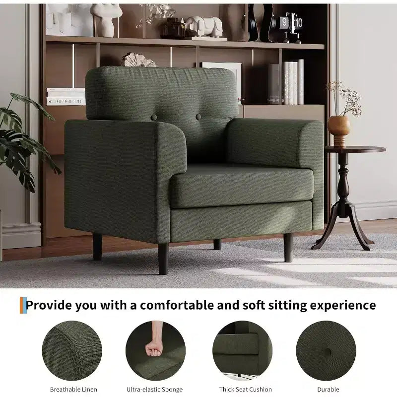 Fauteuil d'appoint large de 38 po avec accoudoirs, fauteuil de lecture et de détente en lin pour salon, chambre à coucher, bureau, coin lecture, fauteuil simple confortable