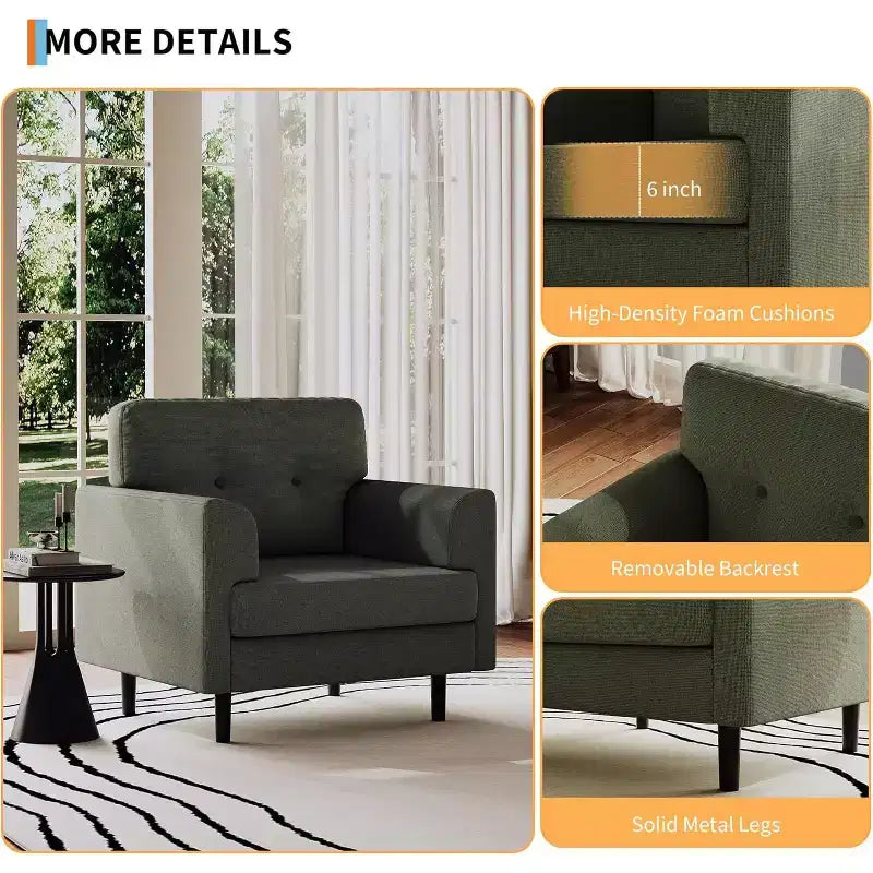 Fauteuil d'appoint large de 38 po avec accoudoirs, fauteuil de lecture et de détente en lin pour salon, chambre à coucher, bureau, coin lecture, fauteuil simple confortable