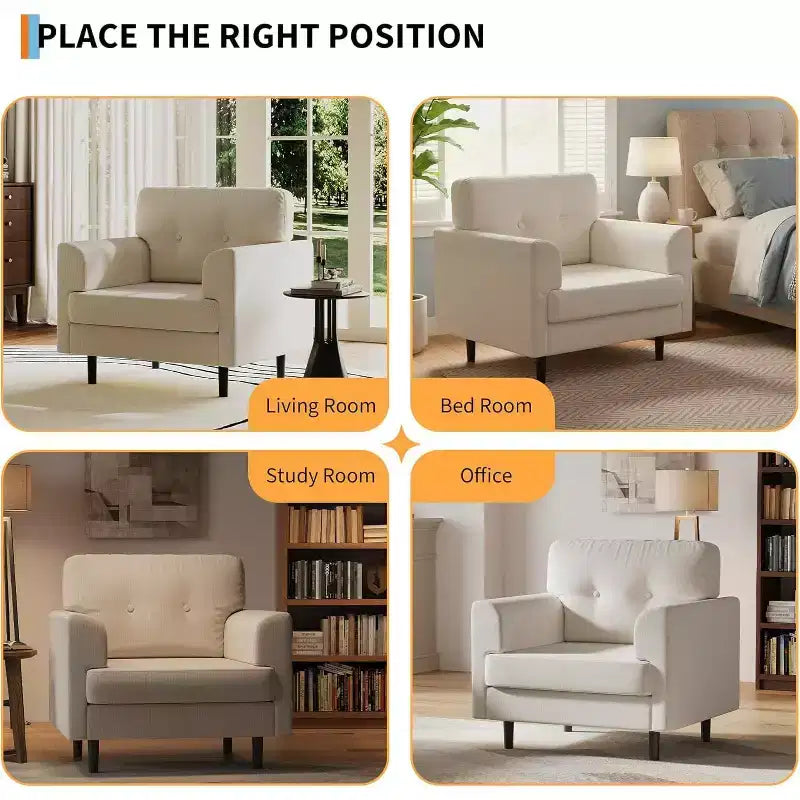 Fauteuil d'appoint large de 38 po avec accoudoirs, fauteuil de lecture et de détente en lin pour salon, chambre à coucher, bureau, coin lecture, fauteuil simple confortable