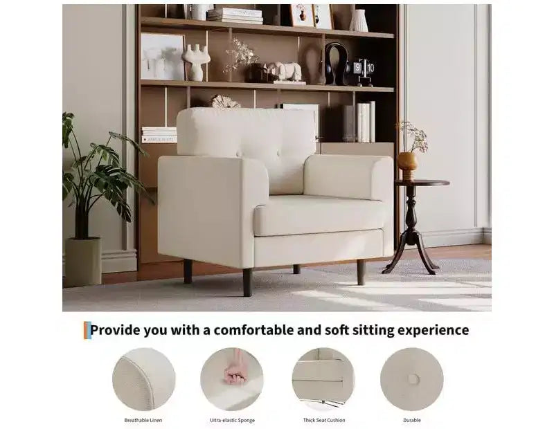Fauteuil d'appoint large de 38 po avec accoudoirs, fauteuil de lecture et de détente en lin pour salon, chambre à coucher, bureau, coin lecture, fauteuil simple confortable