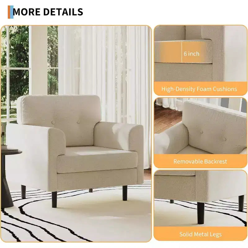 Fauteuil d'appoint large de 38 po avec accoudoirs, fauteuil de lecture et de détente en lin pour salon, chambre à coucher, bureau, coin lecture, fauteuil simple confortable