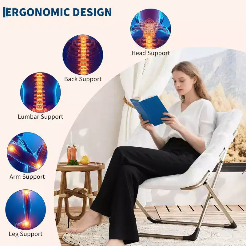 Chaise paresseuse pliante – Fauteuil soucoupe confortable avec coussin moelleux et pieds en métal, design peu encombrant pour les salons, les appartements et les dortoirs