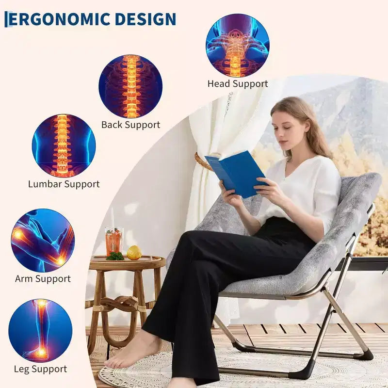 Chaise paresseuse pliante – Fauteuil soucoupe confortable avec coussin moelleux et pieds en métal, design peu encombrant pour les salons, les appartements et les dortoirs