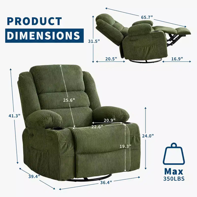 Fauteuil inclinable pivotant à 360° pour adultes, fauteuil relax manuel avec 3 positions, 2 porte-gobelets, 4 poches pour chambre de bébé, salon, chambre à coucher