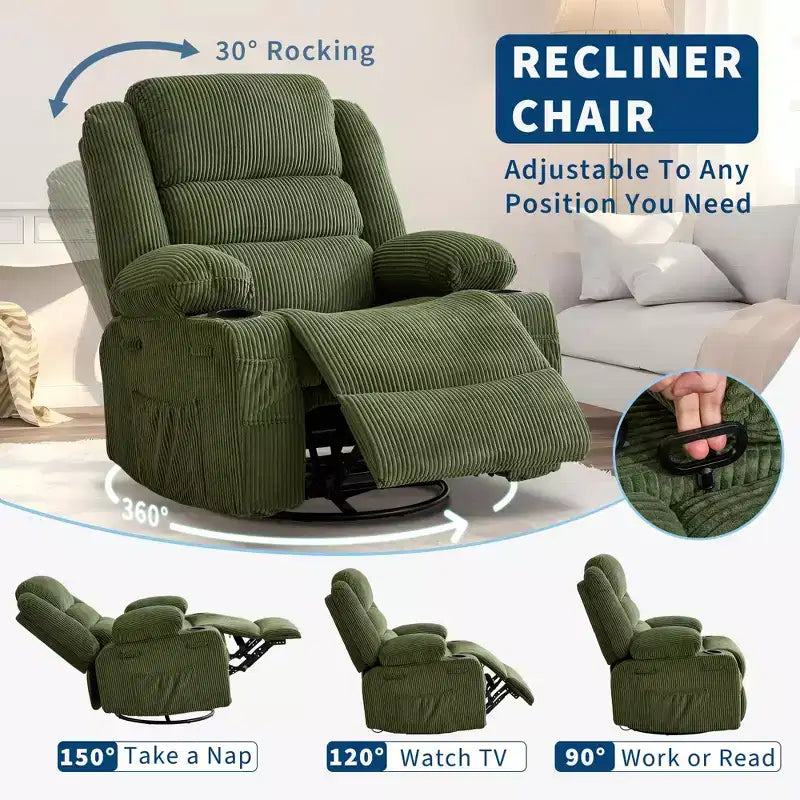 Fauteuil inclinable pivotant à 360° pour adultes, fauteuil relax manuel avec 3 positions, 2 porte-gobelets, 4 poches pour chambre de bébé, salon, chambre à coucher