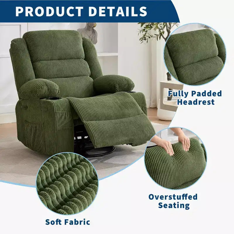 Fauteuil inclinable pivotant à 360° pour adultes, fauteuil relax manuel avec 3 positions, 2 porte-gobelets, 4 poches pour chambre de bébé, salon, chambre à coucher