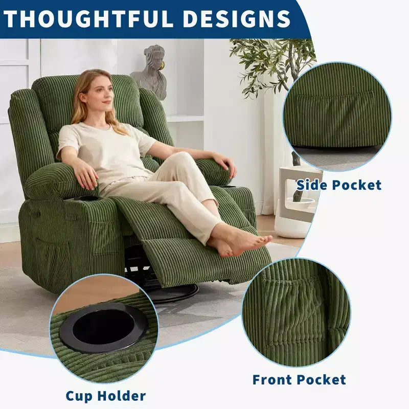 Fauteuil inclinable pivotant à 360° pour adultes, fauteuil relax manuel avec 3 positions, 2 porte-gobelets, 4 poches pour chambre de bébé, salon, chambre à coucher