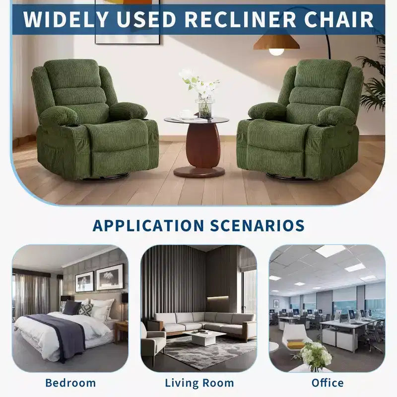 Fauteuil inclinable pivotant à 360° pour adultes, fauteuil relax manuel avec 3 positions, 2 porte-gobelets, 4 poches pour chambre de bébé, salon, chambre à coucher