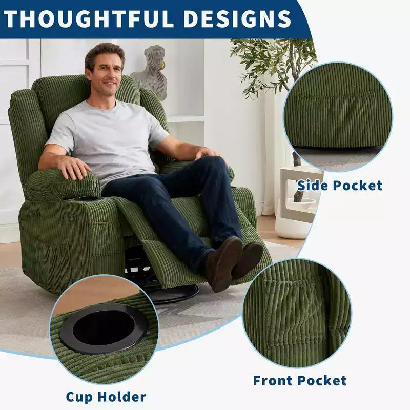 Fauteuil inclinable pivotant à 360° pour adultes, fauteuil relax manuel avec 3 positions, 2 porte-gobelets, 4 poches pour chambre de bébé, salon, chambre à coucher