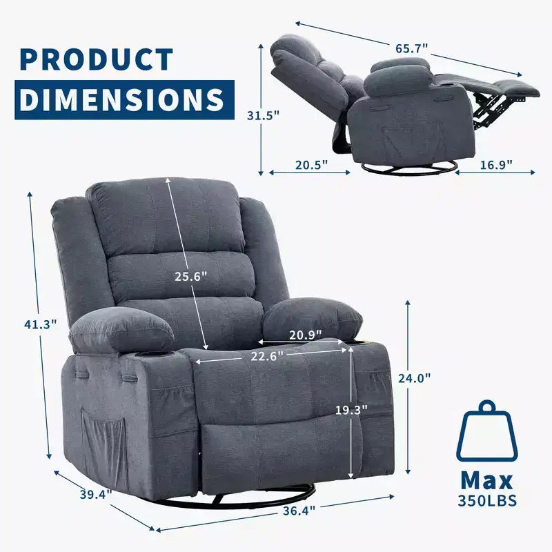 Fauteuil inclinable pivotant à 360° pour adultes, fauteuil relax manuel avec 3 positions, 2 porte-gobelets, 4 poches pour chambre de bébé, salon, chambre à coucher