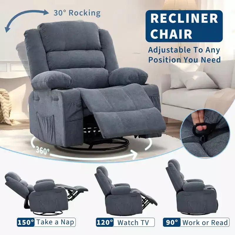 Fauteuil inclinable pivotant à 360° pour adultes, fauteuil relax manuel avec 3 positions, 2 porte-gobelets, 4 poches pour chambre de bébé, salon, chambre à coucher