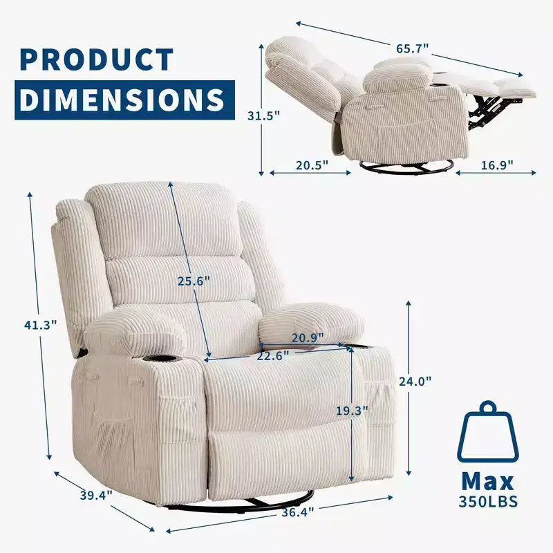 Fauteuil inclinable pivotant à 360° pour adultes, fauteuil relax manuel avec 3 positions, 2 porte-gobelets, 4 poches pour chambre de bébé, salon, chambre à coucher