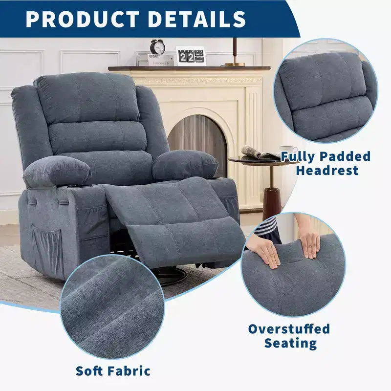 Fauteuil inclinable pivotant à 360° pour adultes, fauteuil relax manuel avec 3 positions, 2 porte-gobelets, 4 poches pour chambre de bébé, salon, chambre à coucher
