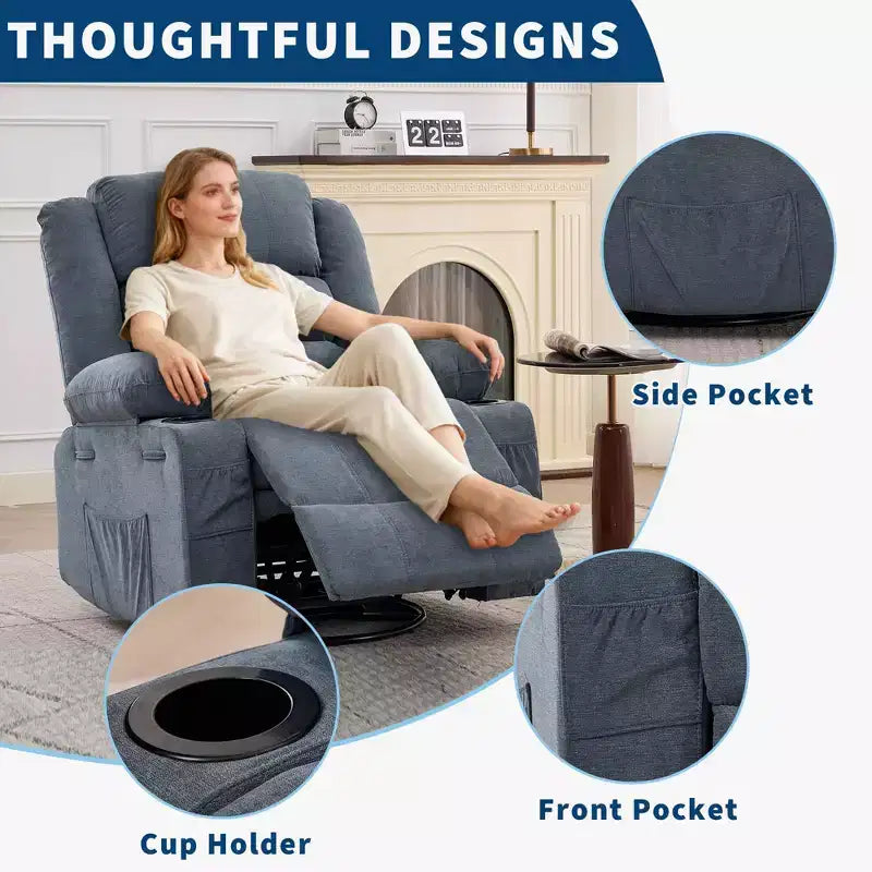 Fauteuil inclinable pivotant à 360° pour adultes, fauteuil relax manuel avec 3 positions, 2 porte-gobelets, 4 poches pour chambre de bébé, salon, chambre à coucher