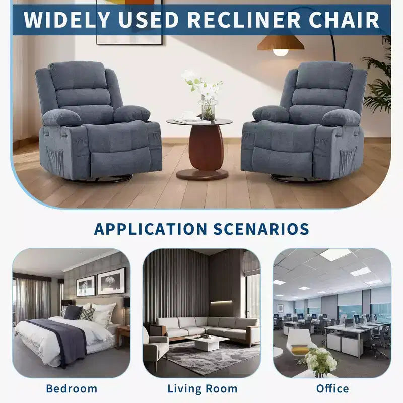 Fauteuil inclinable pivotant à 360° pour adultes, fauteuil relax manuel avec 3 positions, 2 porte-gobelets, 4 poches pour chambre de bébé, salon, chambre à coucher