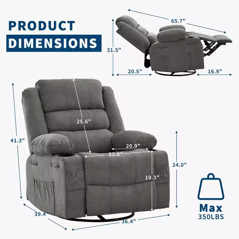 Fauteuil inclinable pivotant à 360° pour adultes, fauteuil relax manuel avec 3 positions, 2 porte-gobelets, 4 poches pour chambre de bébé, salon, chambre à coucher