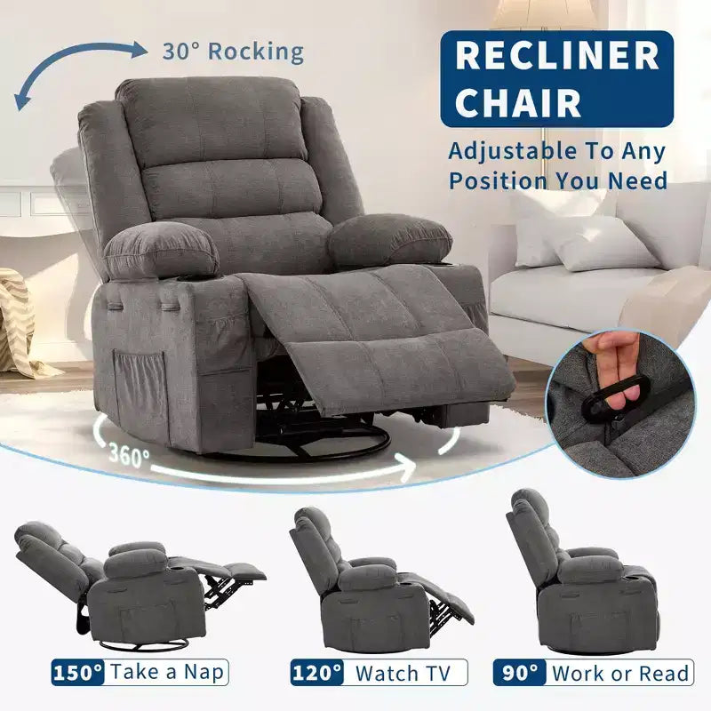 Fauteuil inclinable pivotant à 360° pour adultes, fauteuil relax manuel avec 3 positions, 2 porte-gobelets, 4 poches pour chambre de bébé, salon, chambre à coucher