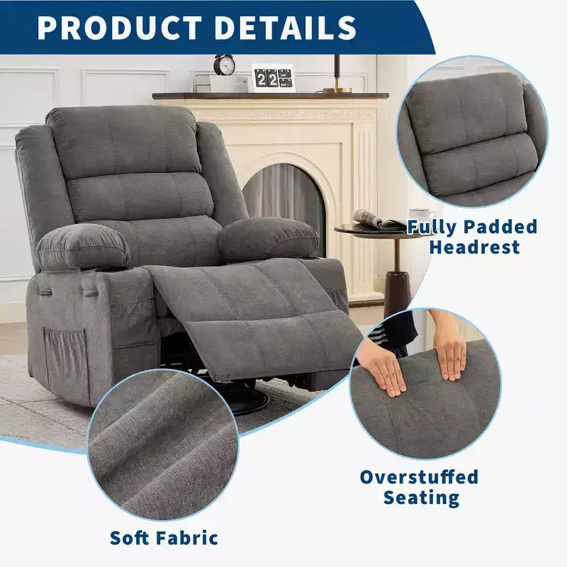 Fauteuil inclinable pivotant à 360° pour adultes, fauteuil relax manuel avec 3 positions, 2 porte-gobelets, 4 poches pour chambre de bébé, salon, chambre à coucher
