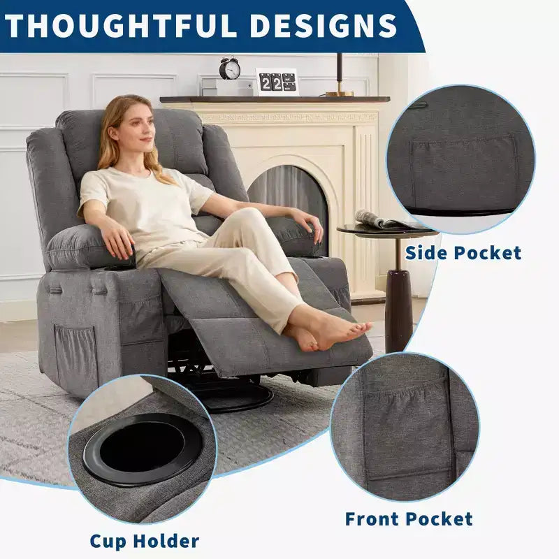 Fauteuil inclinable pivotant à 360° pour adultes, fauteuil relax manuel avec 3 positions, 2 porte-gobelets, 4 poches pour chambre de bébé, salon, chambre à coucher