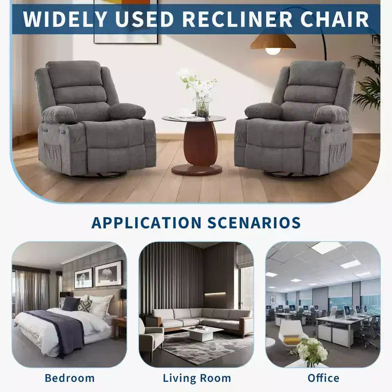 Fauteuil inclinable pivotant à 360° pour adultes, fauteuil relax manuel avec 3 positions, 2 porte-gobelets, 4 poches pour chambre de bébé, salon, chambre à coucher