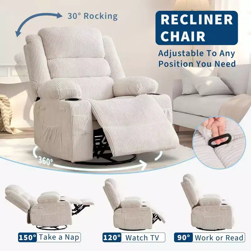 Fauteuil inclinable pivotant à 360° pour adultes, fauteuil relax manuel avec 3 positions, 2 porte-gobelets, 4 poches pour chambre de bébé, salon, chambre à coucher