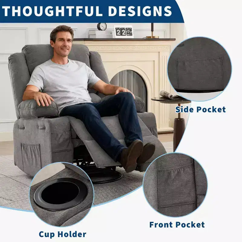 Fauteuil inclinable pivotant à 360° pour adultes, fauteuil relax manuel avec 3 positions, 2 porte-gobelets, 4 poches pour chambre de bébé, salon, chambre à coucher