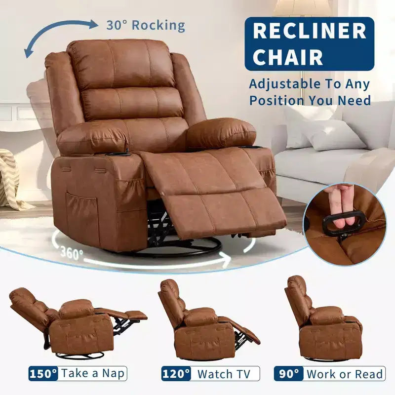 Fauteuil inclinable pivotant à 360° pour adultes, fauteuil relax manuel avec 3 positions, 2 porte-gobelets, 4 poches pour chambre de bébé, salon, chambre à coucher