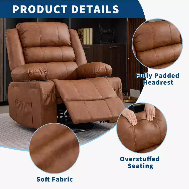 Fauteuil inclinable pivotant à 360° pour adultes, fauteuil relax manuel avec 3 positions, 2 porte-gobelets, 4 poches pour chambre de bébé, salon, chambre à coucher