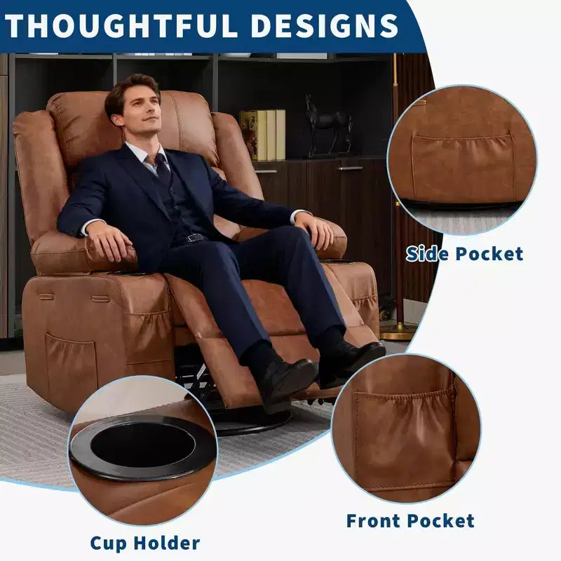 Fauteuil inclinable pivotant à 360° pour adultes, fauteuil relax manuel avec 3 positions, 2 porte-gobelets, 4 poches pour chambre de bébé, salon, chambre à coucher