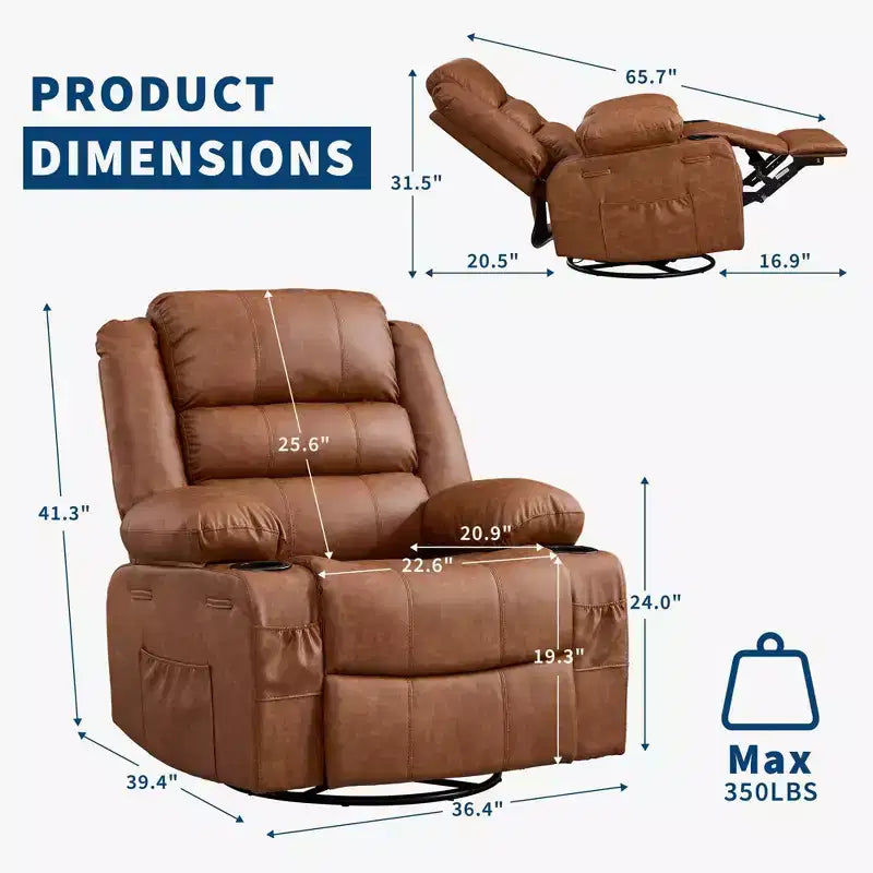 Fauteuil inclinable pivotant à 360° pour adultes, fauteuil relax manuel avec 3 positions, 2 porte-gobelets, 4 poches pour chambre de bébé, salon, chambre à coucher