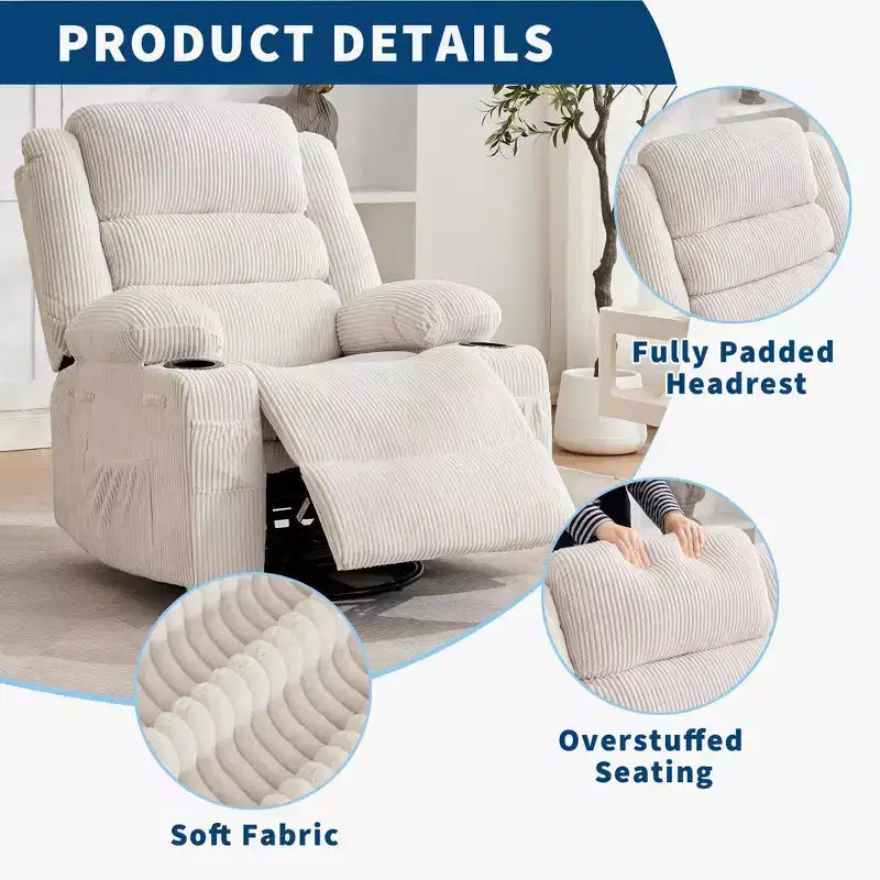 Fauteuil inclinable pivotant à 360° pour adultes, fauteuil relax manuel avec 3 positions, 2 porte-gobelets, 4 poches pour chambre de bébé, salon, chambre à coucher