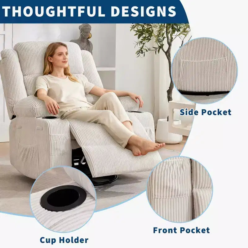 Fauteuil inclinable pivotant à 360° pour adultes, fauteuil relax manuel avec 3 positions, 2 porte-gobelets, 4 poches pour chambre de bébé, salon, chambre à coucher