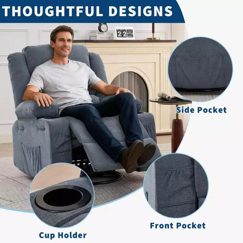 Fauteuil inclinable pivotant à 360° pour adultes, fauteuil relax manuel avec 3 positions, 2 porte-gobelets, 4 poches pour chambre de bébé, salon, chambre à coucher