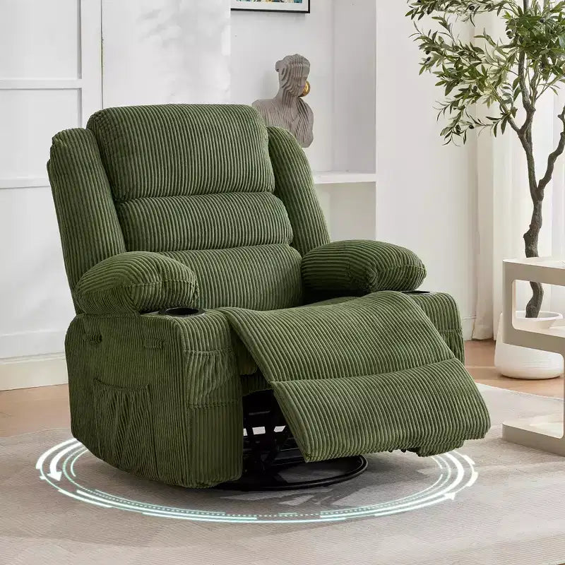 Fauteuil inclinable pivotant à 360° pour adultes, fauteuil relax manuel avec 3 positions, 2 porte-gobelets, 4 poches pour chambre de bébé, salon, chambre à coucher