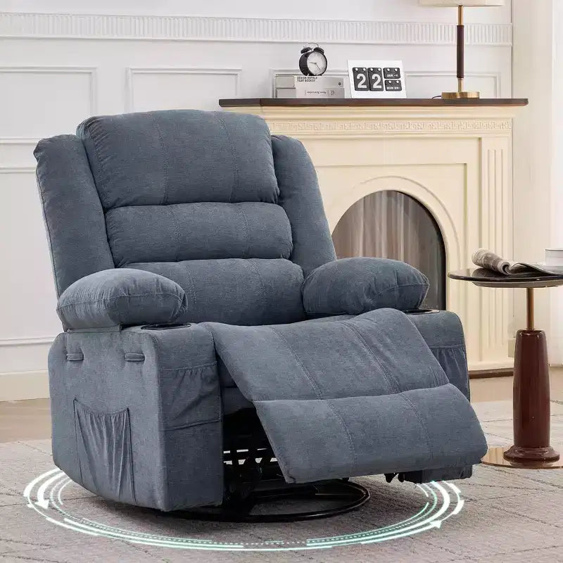 Fauteuil inclinable pivotant à 360° pour adultes, fauteuil relax manuel avec 3 positions, 2 porte-gobelets, 4 poches pour chambre de bébé, salon, chambre à coucher