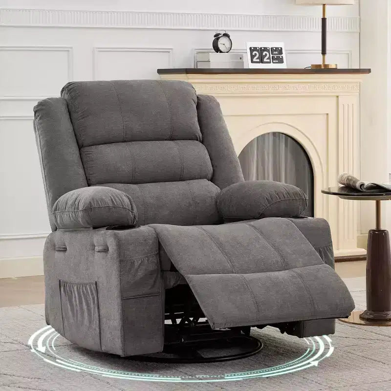 Fauteuil inclinable pivotant à 360° pour adultes, fauteuil relax manuel avec 3 positions, 2 porte-gobelets, 4 poches pour chambre de bébé, salon, chambre à coucher