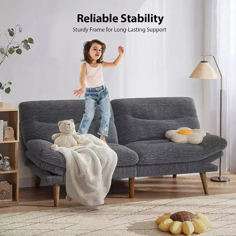66 Canapé convertible en velours côtelé avec dossier et accoudoirs réglables, pour petits espaces, salon, appartement, chambre d'amis ou bureau, gris