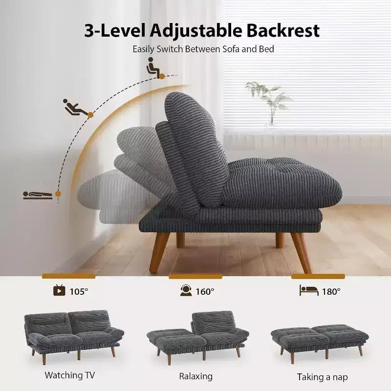 66 Canapé convertible en velours côtelé avec dossier et accoudoirs réglables, pour petits espaces, salon, appartement, chambre d'amis ou bureau, gris