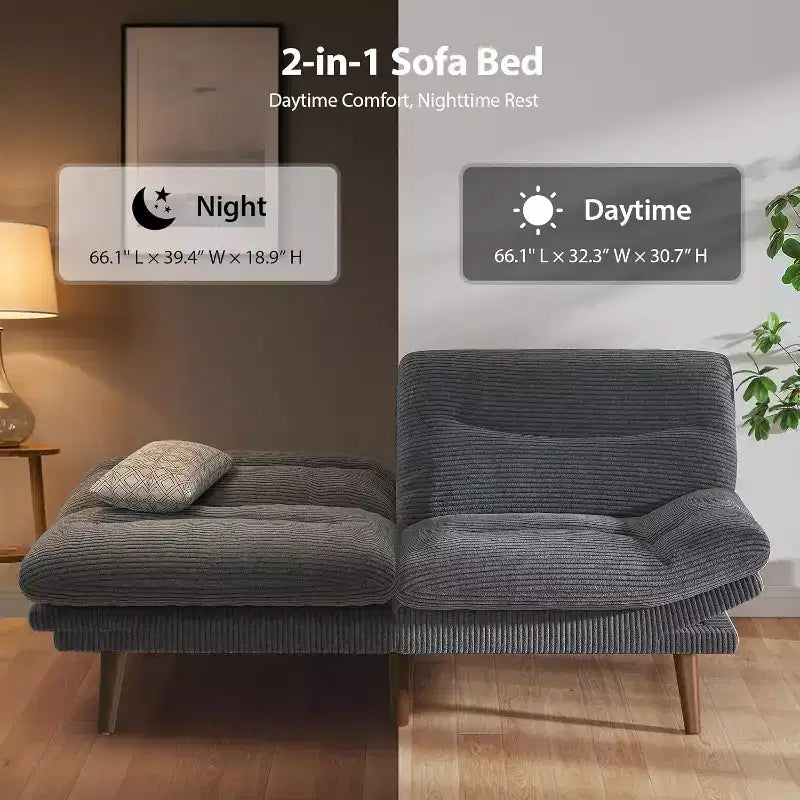66 Canapé convertible en velours côtelé avec dossier et accoudoirs réglables, pour petits espaces, salon, appartement, chambre d'amis ou bureau, gris