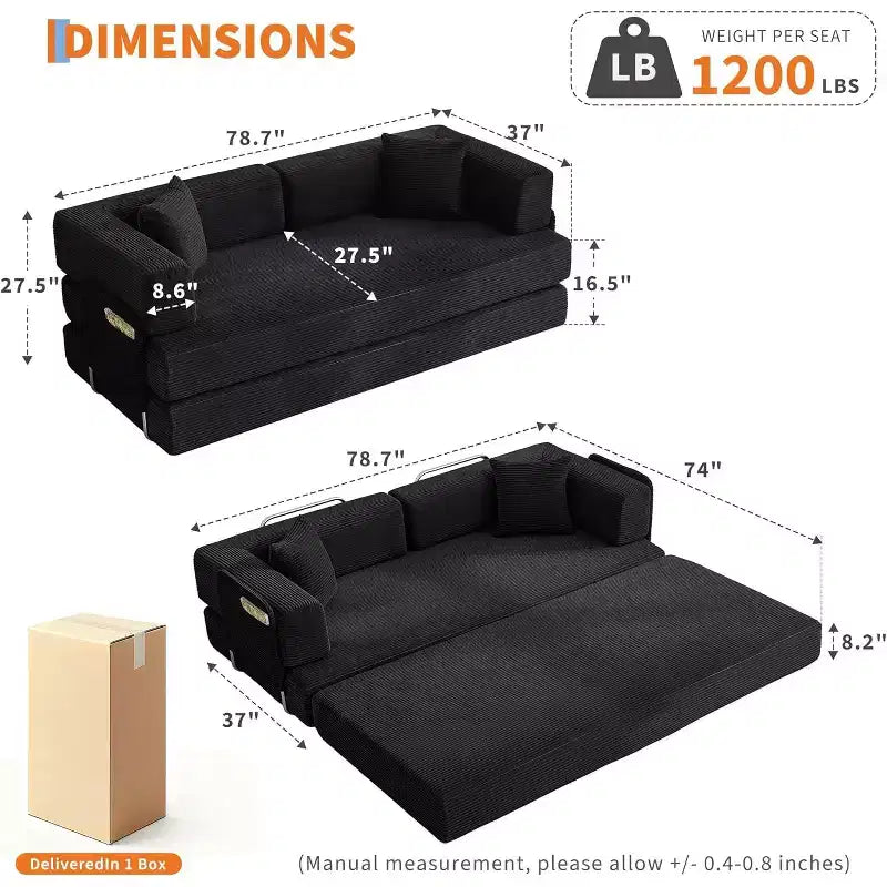 Canapé-lit convertible, Canapé-lit pliant 5-en-1 avec cadre fixe et accoudoirs amovibles, Canapé futon modulaire en velours côtelé pour petit espace