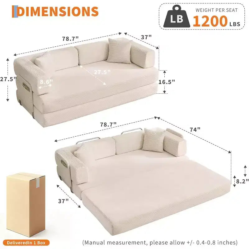 Canapé-lit convertible, Canapé-lit pliant 5-en-1 avec cadre fixe et accoudoirs amovibles, Canapé futon modulaire en velours côtelé pour petit espace