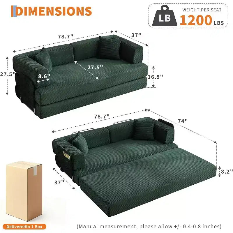 Canapé-lit convertible, Canapé-lit pliant 5-en-1 avec cadre fixe et accoudoirs amovibles, Canapé futon modulaire en velours côtelé pour petit espace