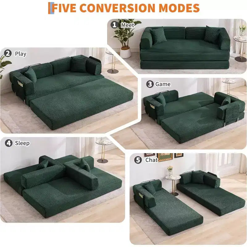 Canapé-lit convertible, Canapé-lit pliant 5-en-1 avec cadre fixe et accoudoirs amovibles, Canapé futon modulaire en velours côtelé pour petit espace